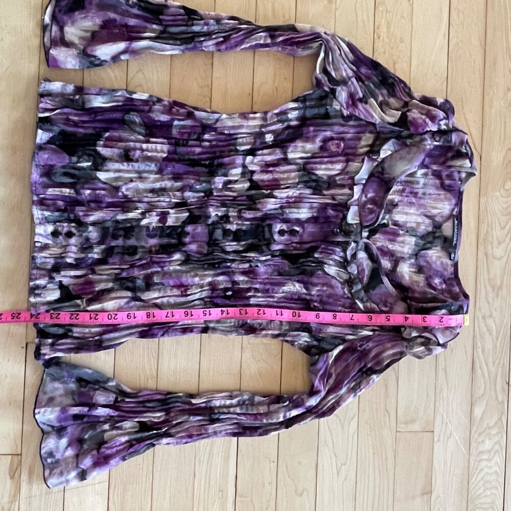 VTG Y2K Crinkle Gold Metallic Bell Sleeve Blouse Purple S Fairycore Artist - Picture 8 of 9
